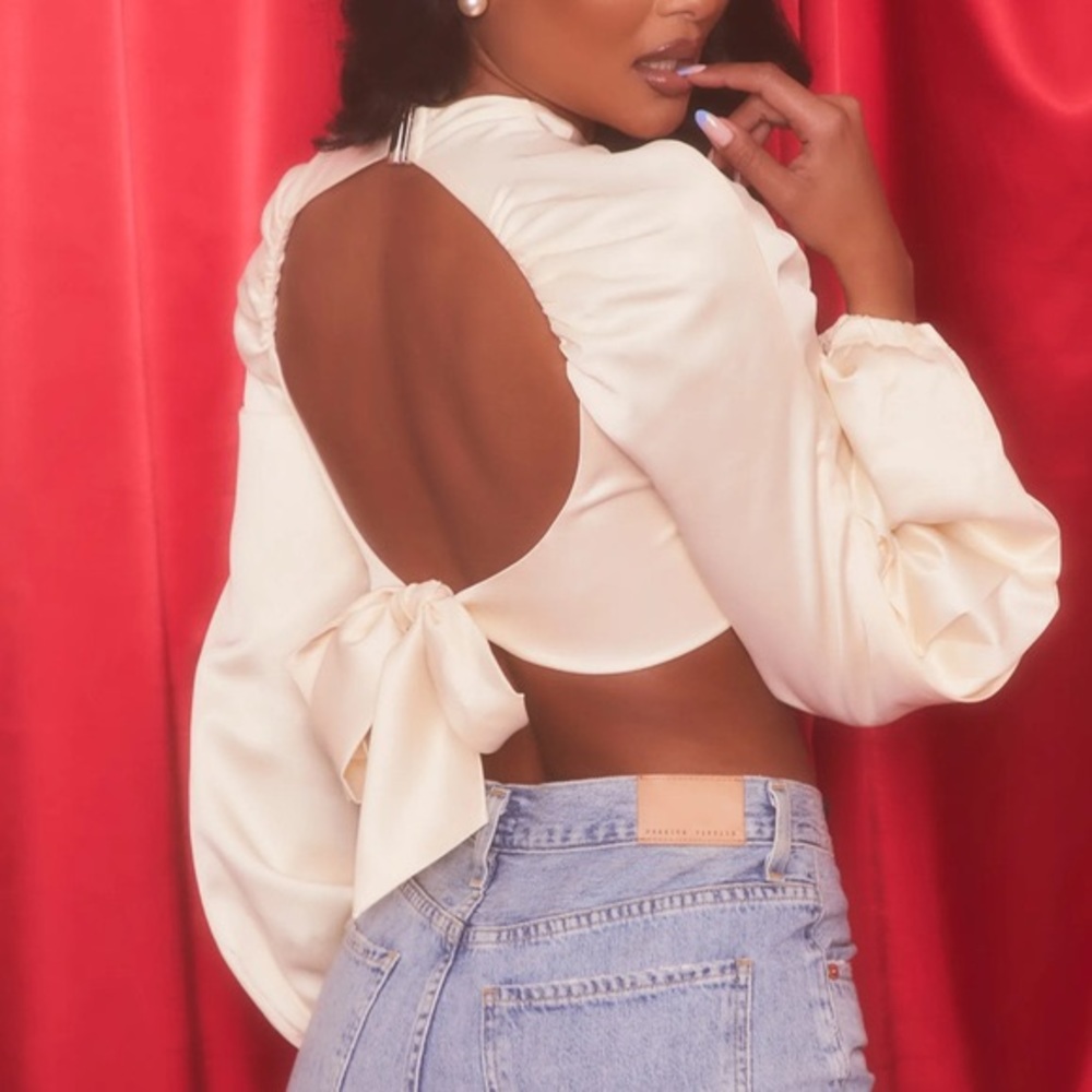 Oh Polly Gracious High Neck Cut Out Satin Crop Top